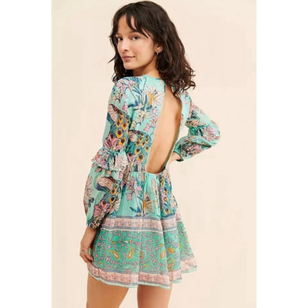 Anthro Raga Botanic Enchantment Long Sleeve Mini‎ Dress Green Metallic Floral M